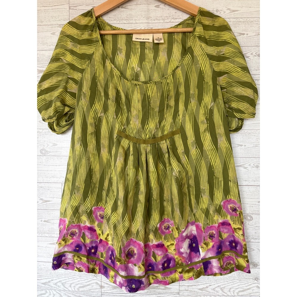 Vintage DKNY 100% Silk Sheer Flowy Baby Doll shirt Floral medium cottage core